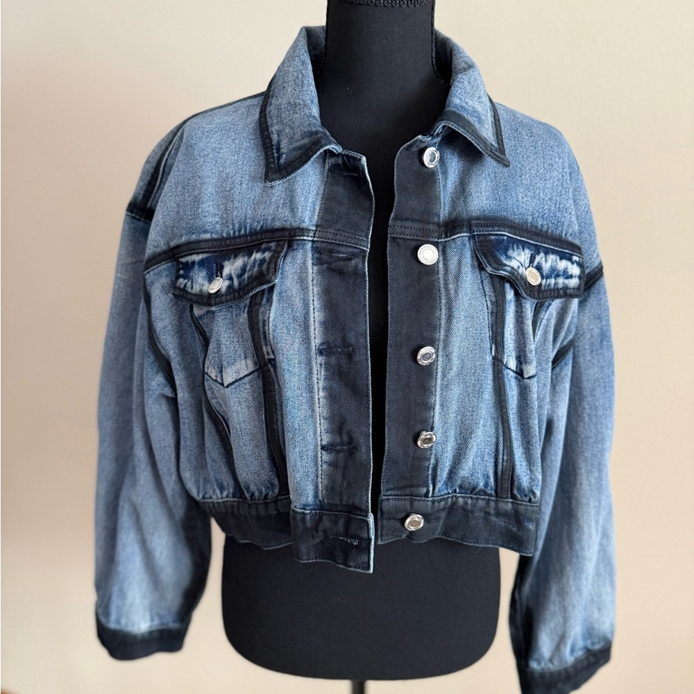 PrettyLittleThing Acid Wash Cropped Denim Jacket Oversized Boxy US 6 - Picture 3 of 11